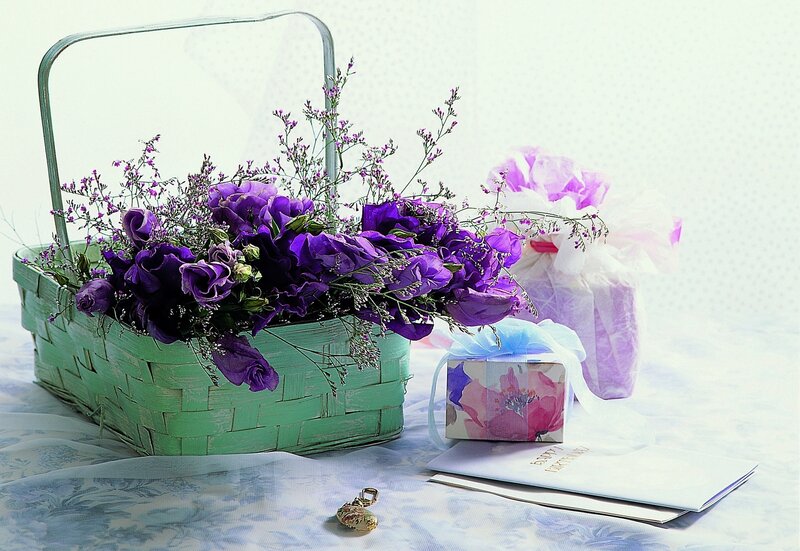 Purple flowers in a basket