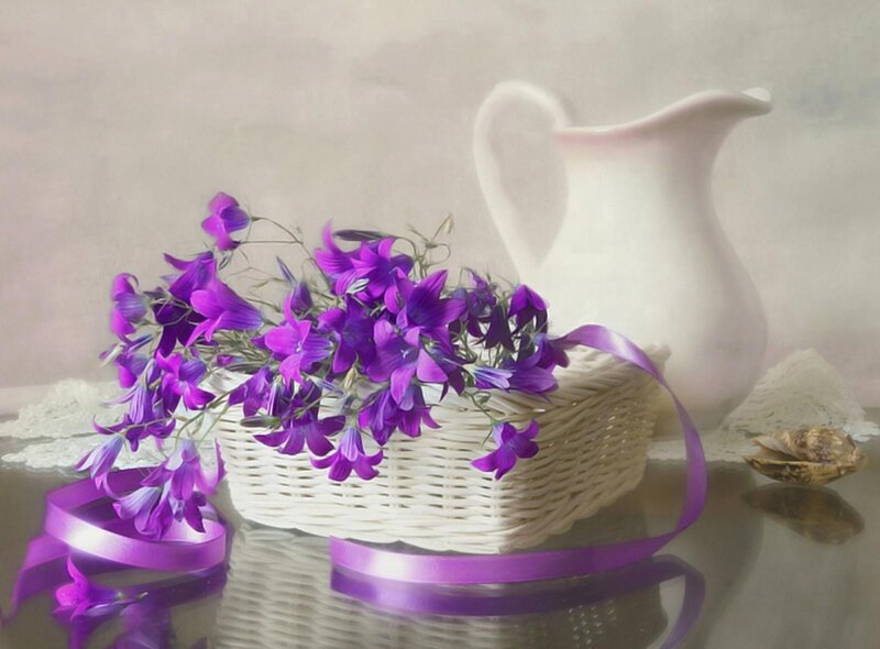 Purple flowers in a basket