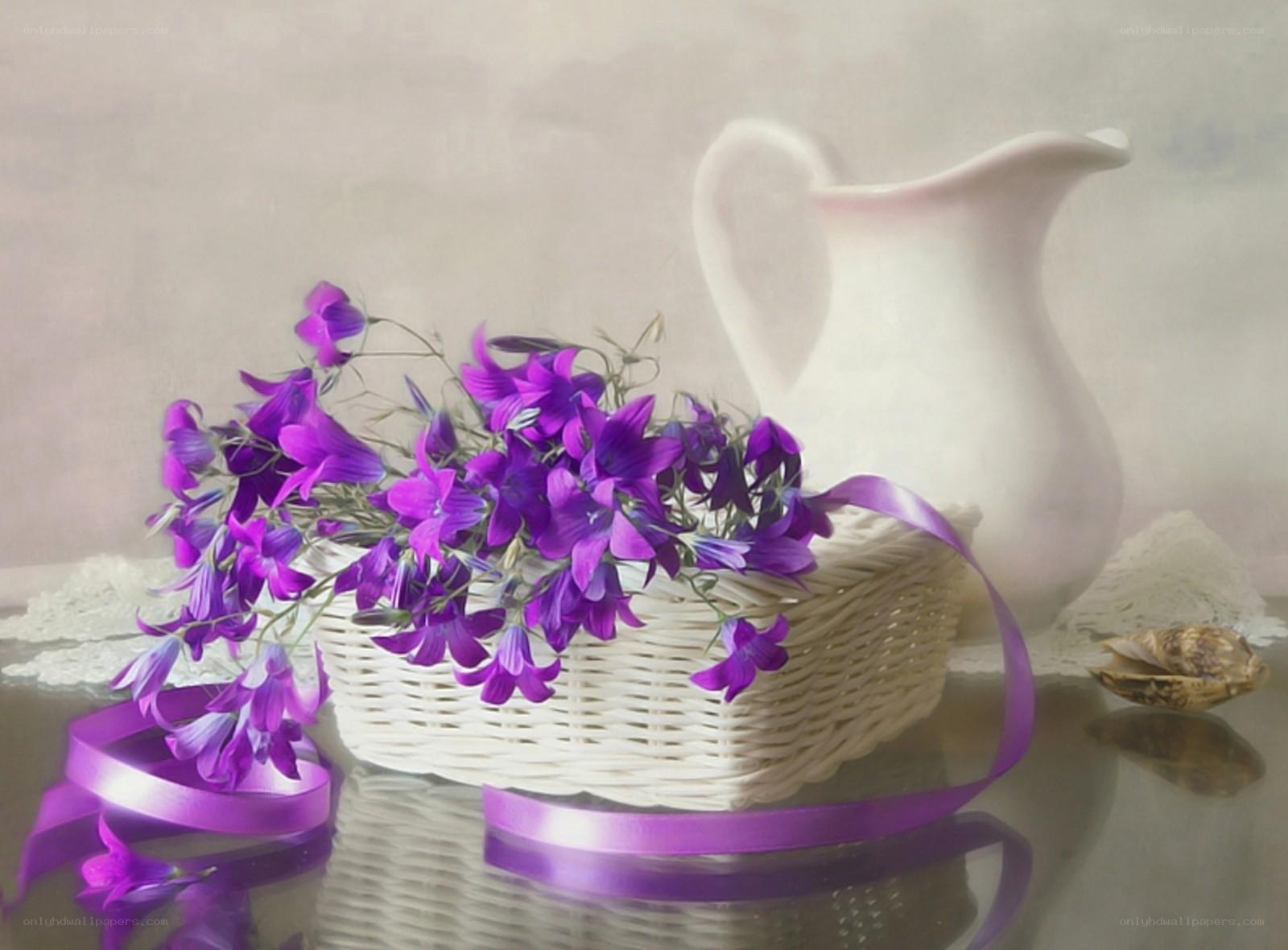 Purple flowers in a basket