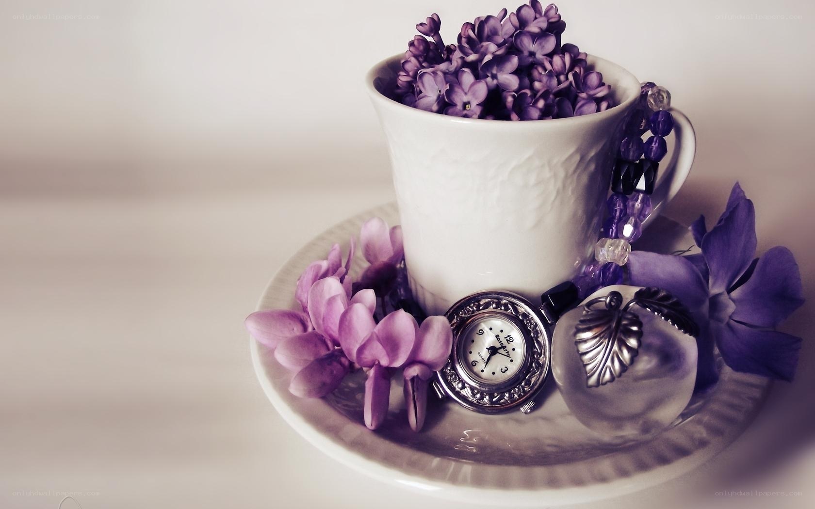 Purple flowers in a cup