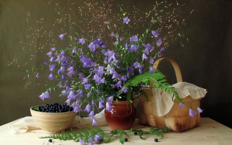 Purple Flowers in a Vase — Serene, Photograph, Berries