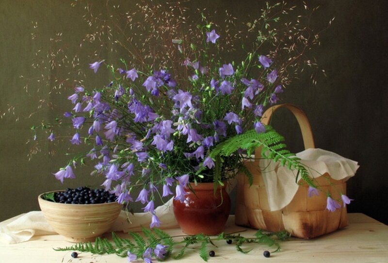 Purple Flowers in a Vase — Serene, Photograph, Blueberries