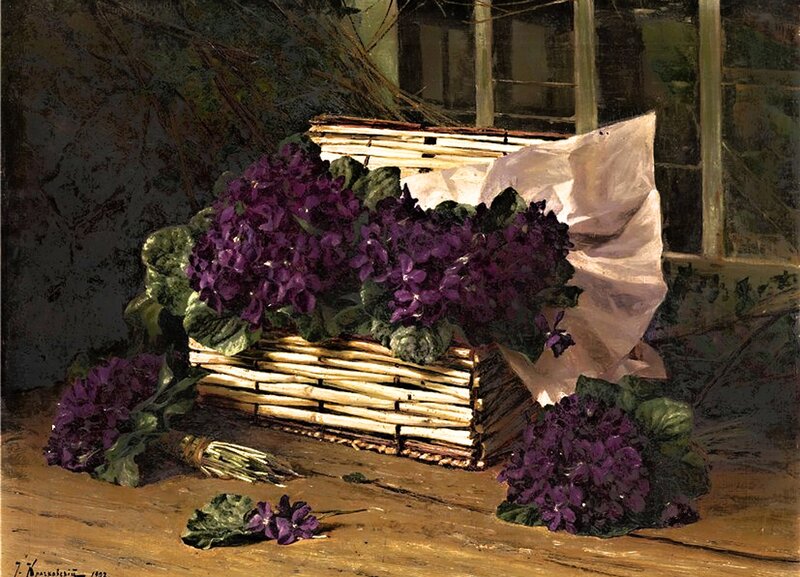 Purple Flowers in Basket — Calm, Painting