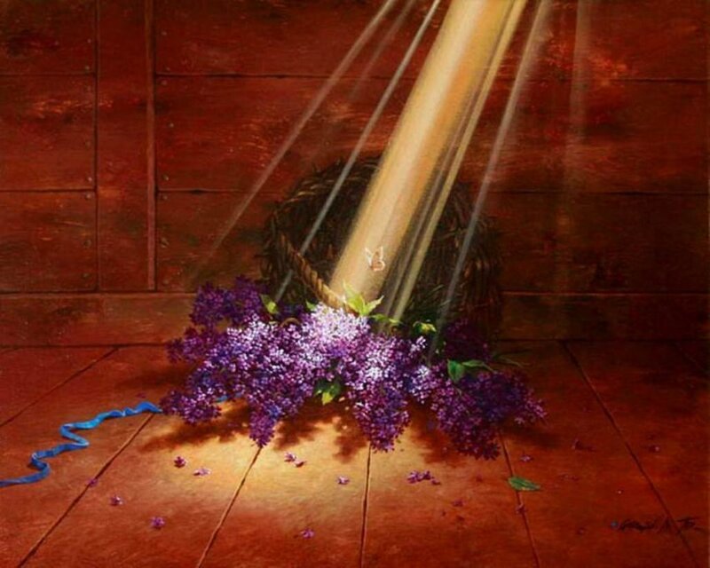Purple Flowers in Basket — Dramatic, Painting