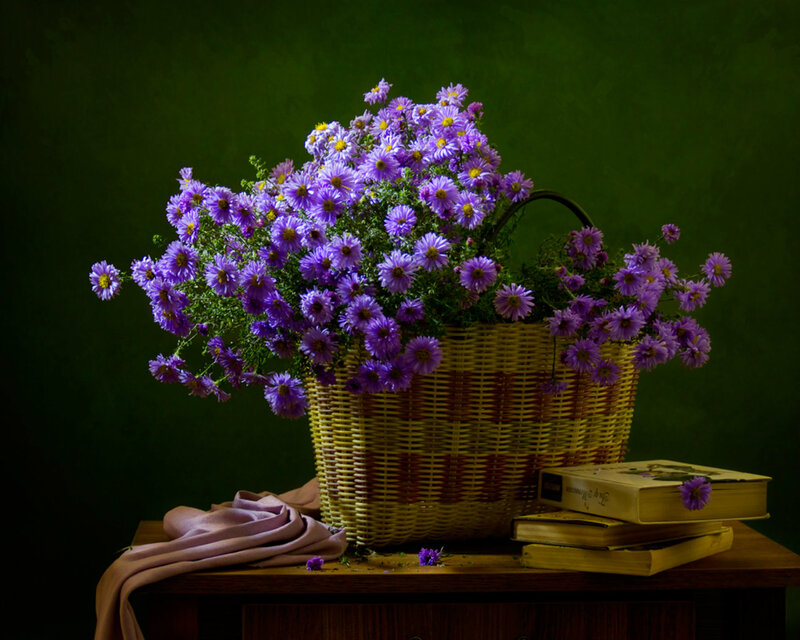 Purple Flowers in Basket — Dramatic, Photograph