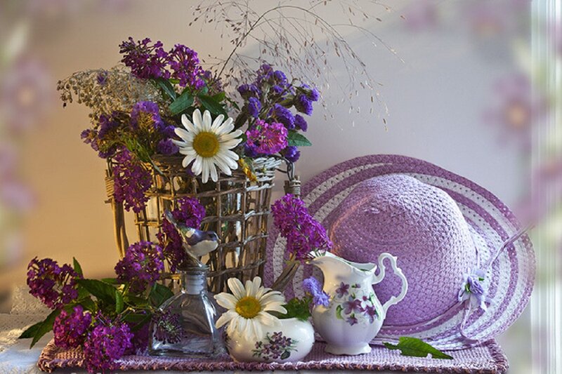 Purple Flowers in Basket — Serene, Spring, Photograph, Hat