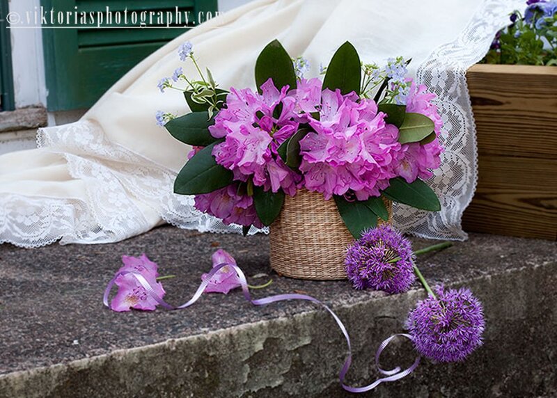 Purple Flowers in Basket — Serene, Spring, Photograph, Lace Fabric