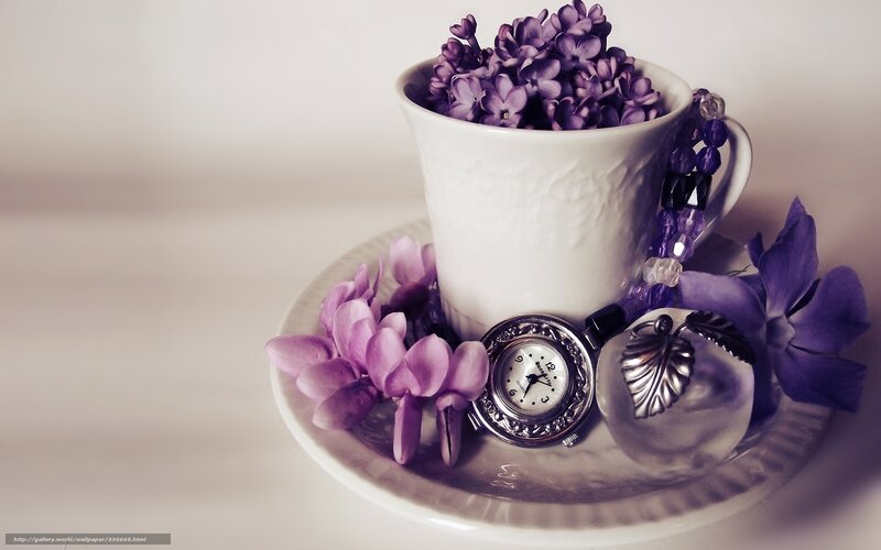 Purple Flowers in Cup — Serene, Photograph, Watch, Beads