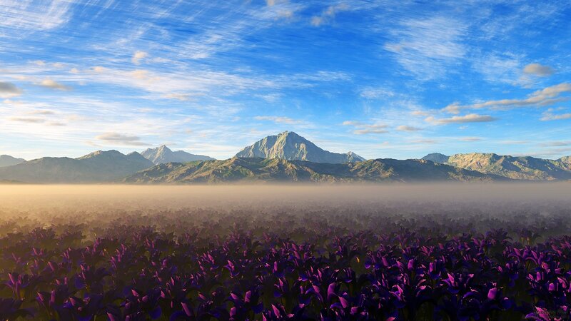 Purple Flowers in Field — Serene, Morning, Digital Art, Mountains