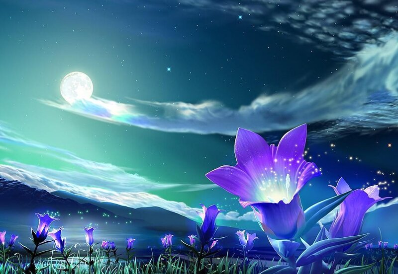 Purple Flowers in Field — Serene, Night, Digital Art, Moon, Stars, Mountains, Blue