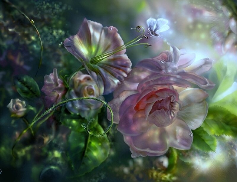 Purple Flowers in Garden — Serene, Morning, Digital Art
