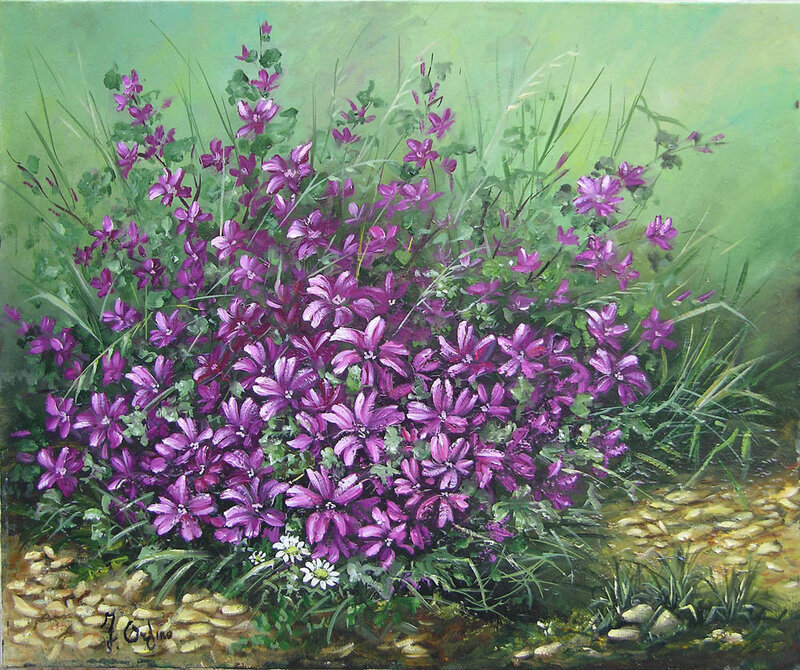 Purple Flowers in Garden — Serene, Spring, Painting