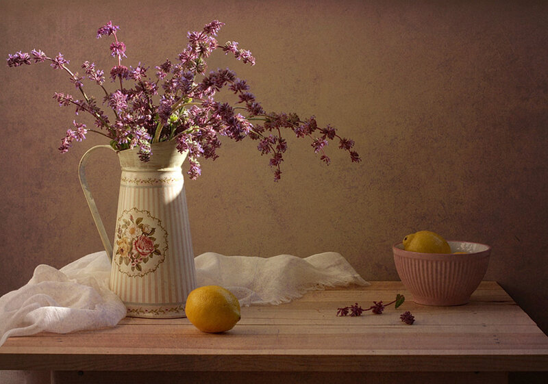Purple Flowers in Pitcher — Brown