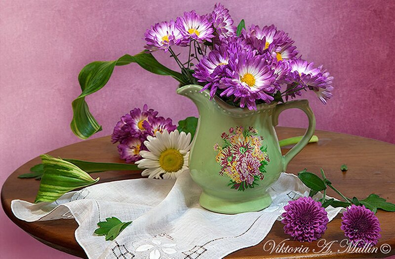 Purple Flowers in Pitcher — Calm