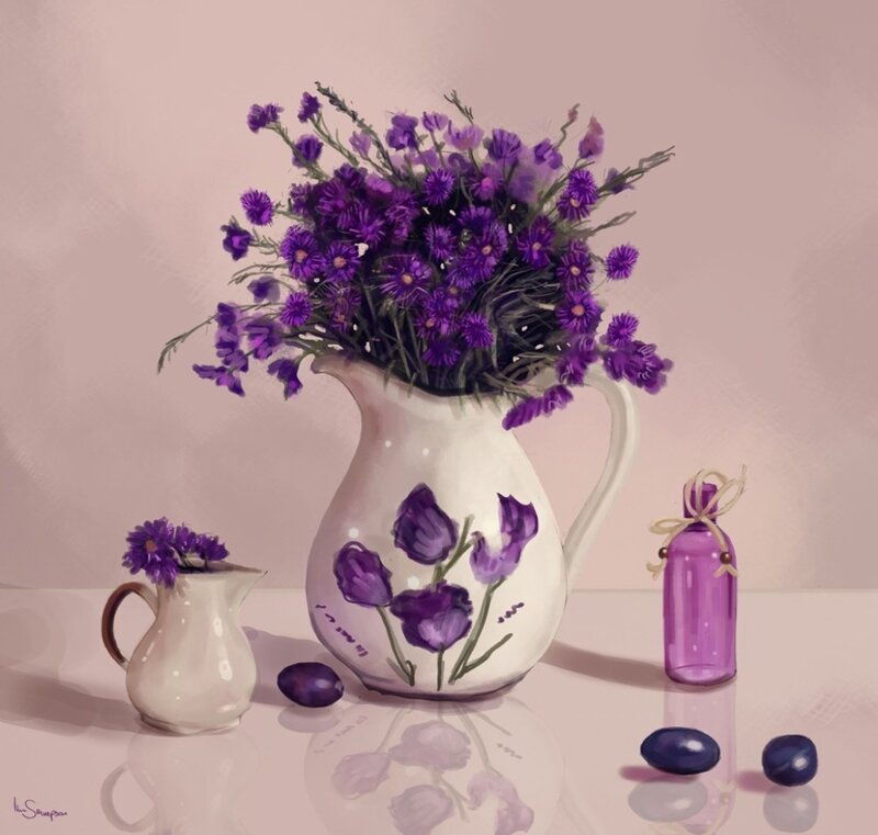 Purple Flowers in Pitcher — Serene, Digital Art