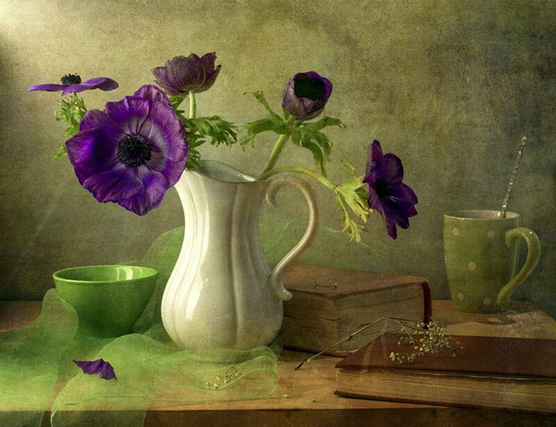 Purple Flowers in Pitcher — Serene, Painting