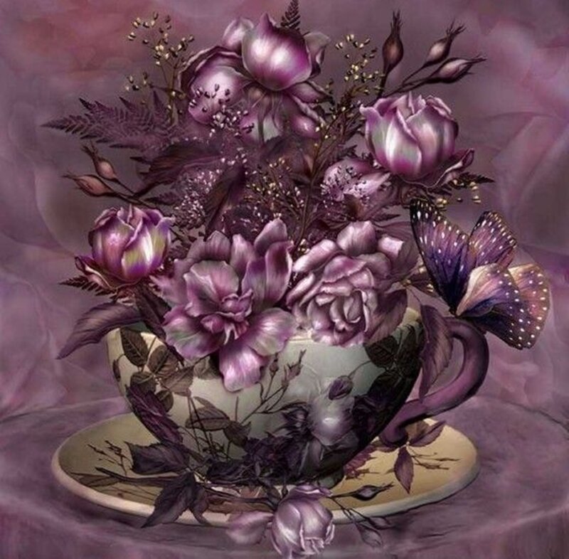 Purple Flowers in Teacup — Dreamy, Digital Art