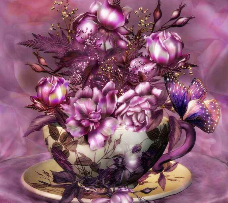 Purple Flowers in Teacup — Dreamy