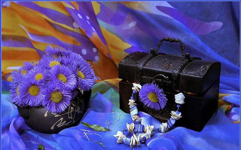 Purple Flowers in Vase — Blue, Dramatic