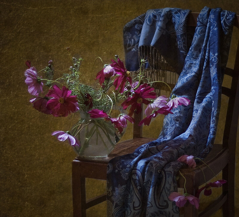 Purple Flowers in Vase — Blue