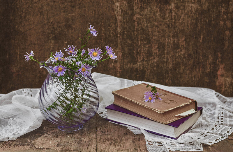 Purple Flowers in Vase — Brown, Calm
