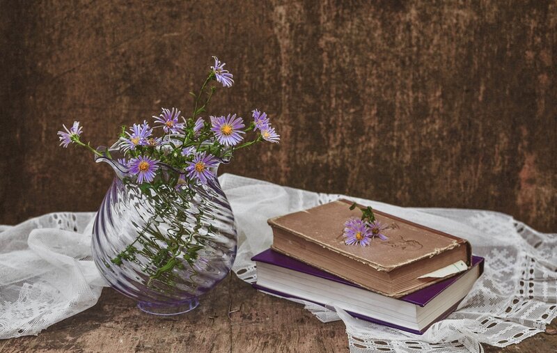 Purple Flowers in Vase — Brown, Serene