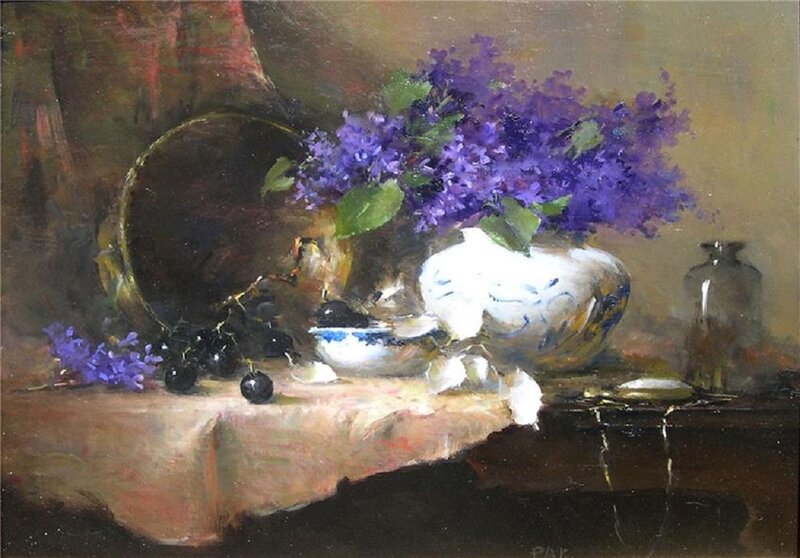 Purple Flowers in Vase — Calm, Painting, Grapes