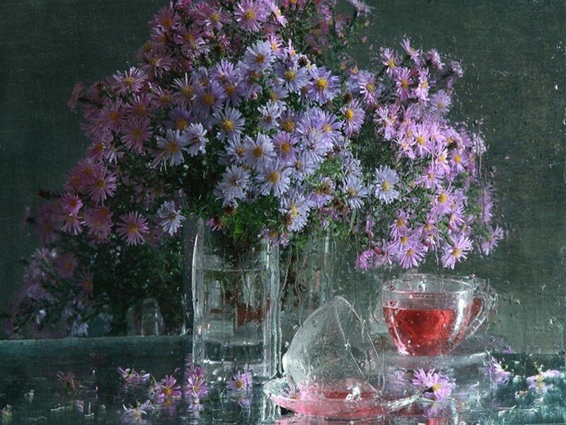 Purple Flowers in Vase — Calm, Painting, Teacup