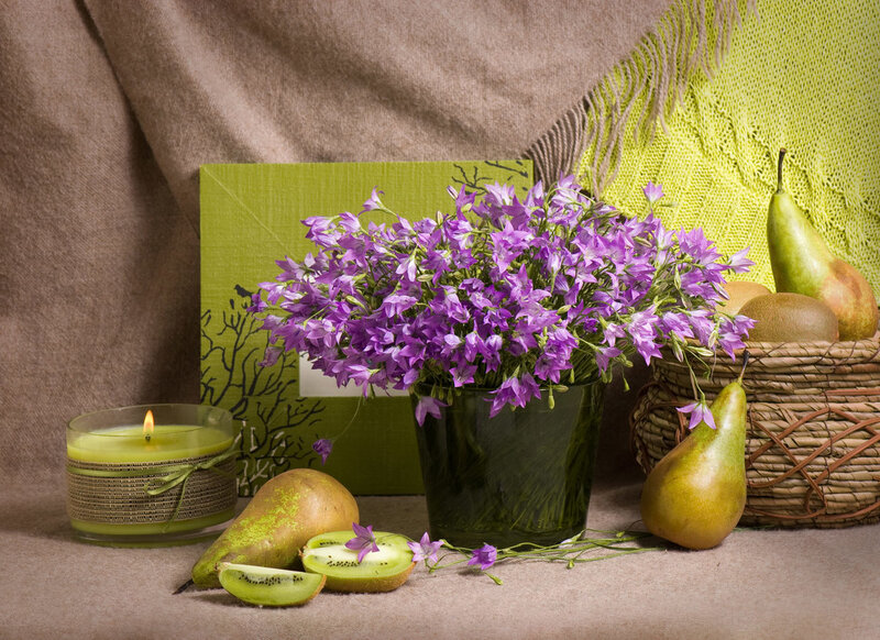 Purple Flowers in Vase — Calm, Photograph, Candle