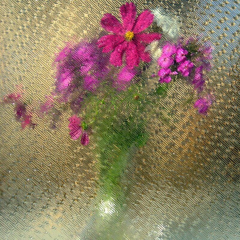 Purple Flowers in Vase — Calm, Photograph, Glass