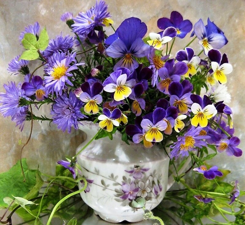 Purple Flowers in Vase — Calm, Photograph, Green Leaves