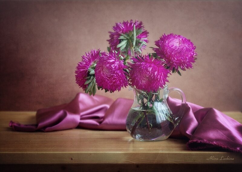 Purple Flowers in Vase — Calm, Photograph, Silk Cloth