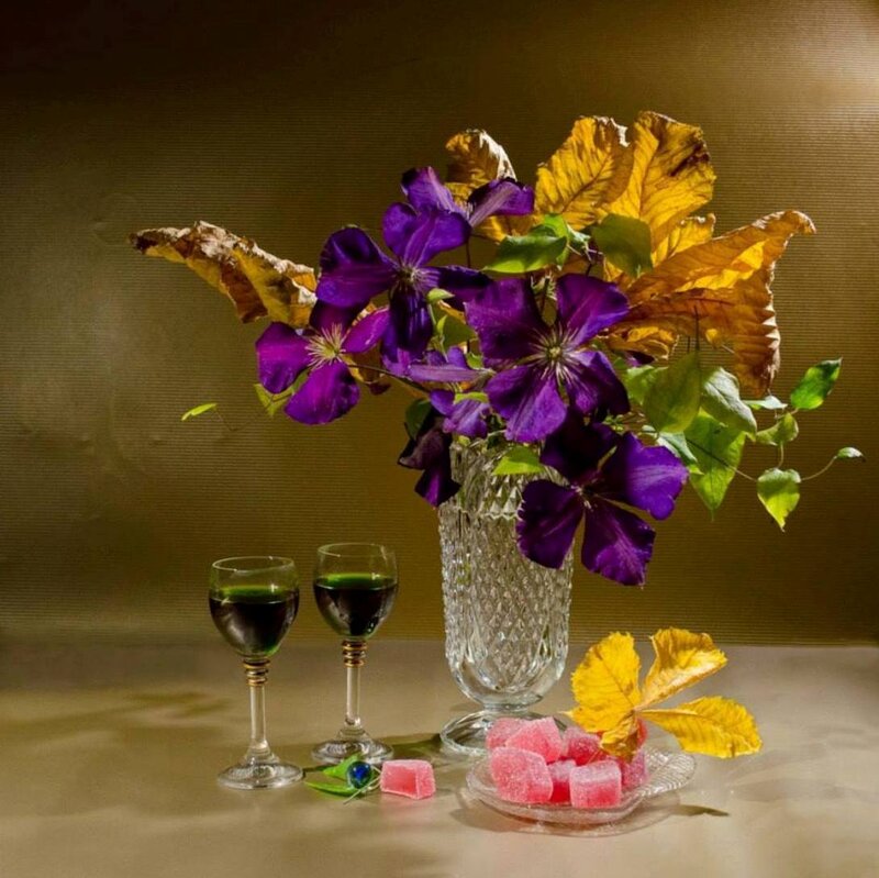 Purple Flowers in Vase — Dramatic, Autumn