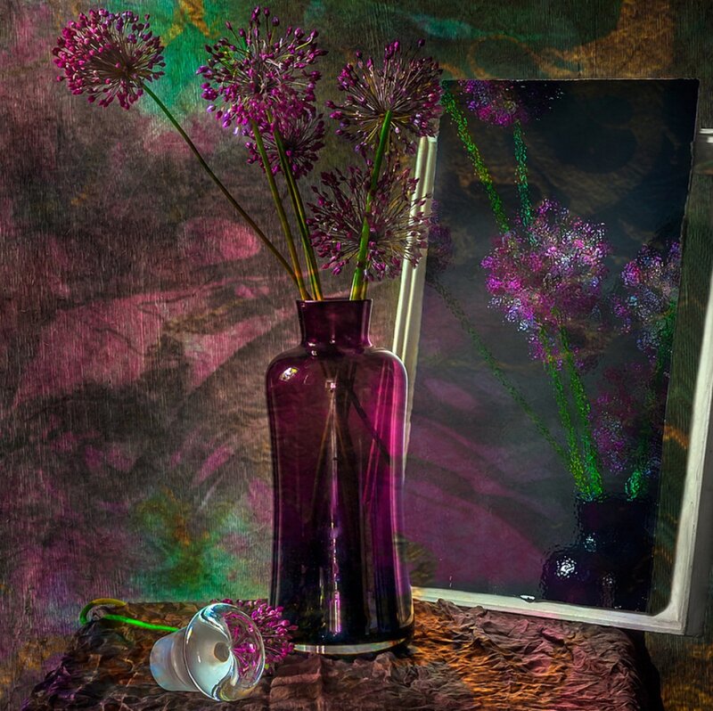 Purple Flowers in Vase — Dramatic, Digital Art