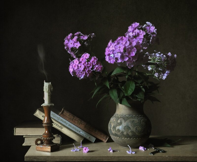 Purple Flowers in Vase — Dramatic, Night, Photograph, Candle