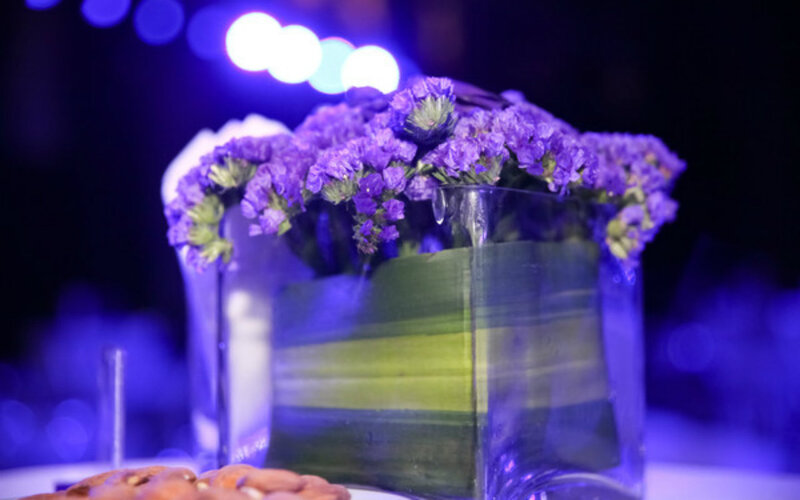 Purple Flowers in Vase — Dramatic, Night, Photograph