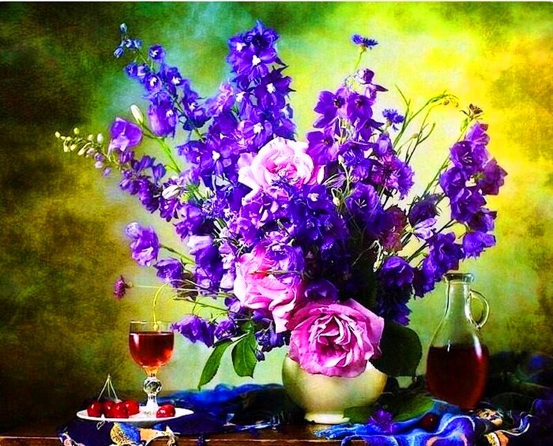 Purple Flowers in Vase — Dramatic, Painting