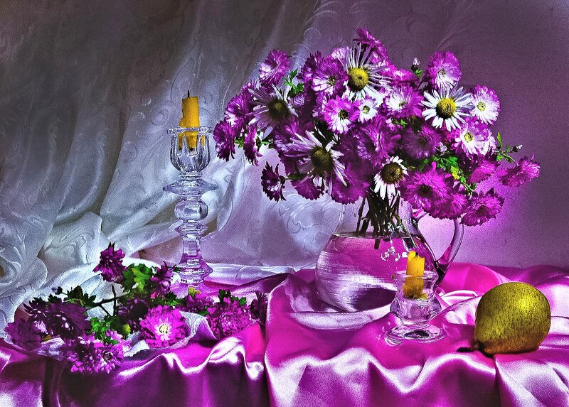 Purple Flowers in Vase — Dramatic, Photograph, Candle