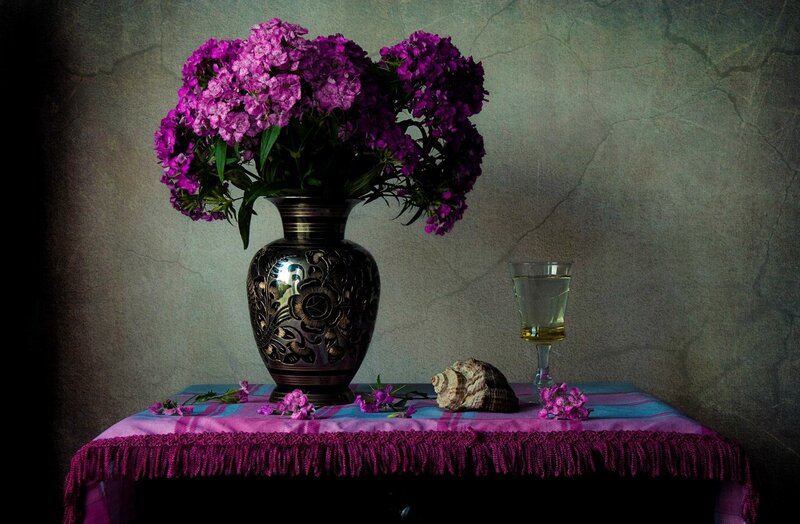 Purple Flowers in Vase — Dramatic, Photograph, Glass
