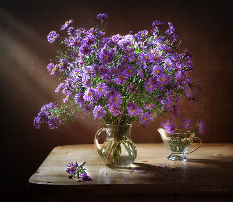 Purple Flowers in Vase — Dramatic, Photograph, Table