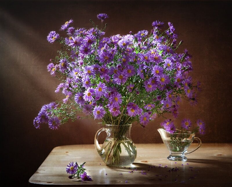 Purple Flowers in Vase — Dramatic, Photograph