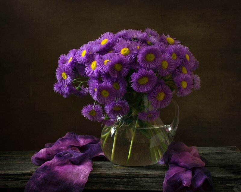 Purple Flowers in Vase — Dramatic
