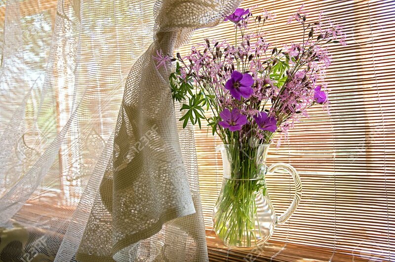 Purple Flowers in Vase — Serene, Afternoon, Photograph, Curtain