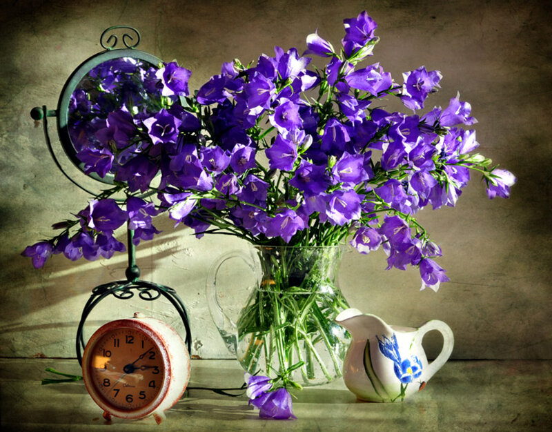 Purple Flowers in Vase — Serene, Morning, Photograph, Clock