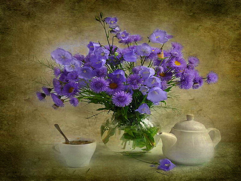 Purple Flowers in Vase — Serene, Painting, Teapot