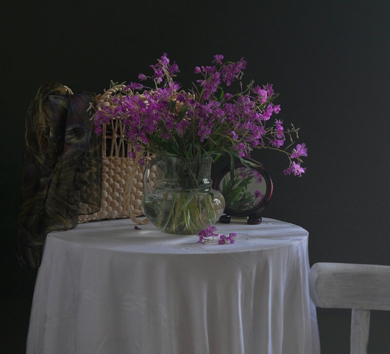 Purple Flowers in Vase — Serene, Photograph, Basket, Mirror