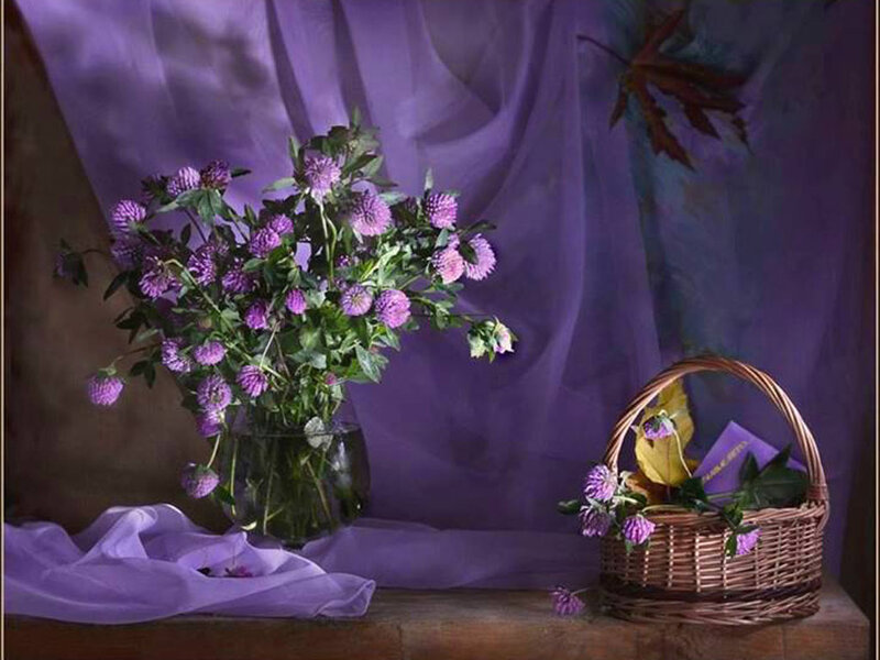 Purple Flowers in Vase — Serene, Photograph, Basket