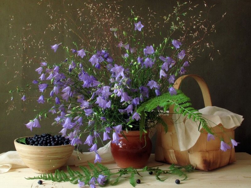 Purple Flowers in Vase — Serene, Photograph, Berries