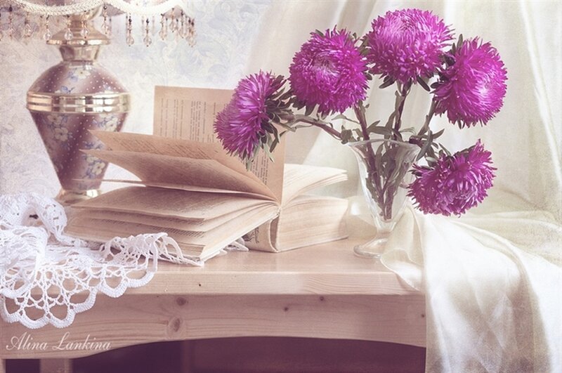 Purple Flowers in Vase — Serene, Photograph, Book, Lamp