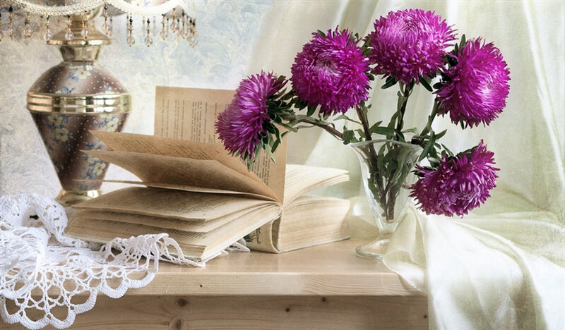 Purple Flowers in Vase — Serene, Photograph, Book